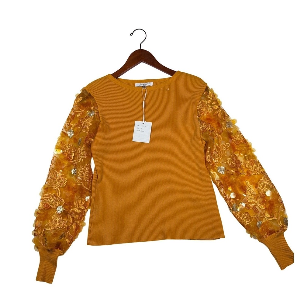 Sioni Milano S Orange Brass Fall Leaves Sequin Sleeve Ribbed Knit Top - Small - Picture 1 of 11